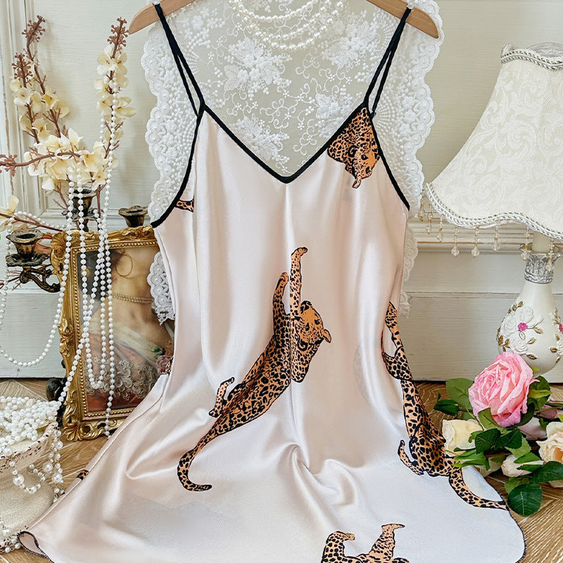 Sexy Casual Homewear Emulation Silk Nightgown Pajamas Simple Cardigan Lace Bathrobe Women